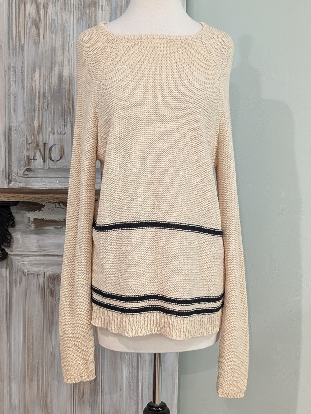 NWT Magaschoni Cream Long-Sleeve Knit Sweater with Black Stripe